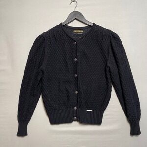 Vintage Geiger Cardigan Black Textured Knit Puff Sleeve Buttons Womens Size M 38